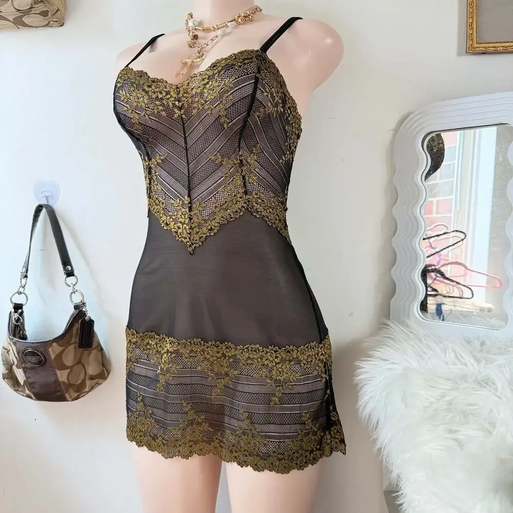 Y2K Black and Gold Lace Chemise Lingerie Dress